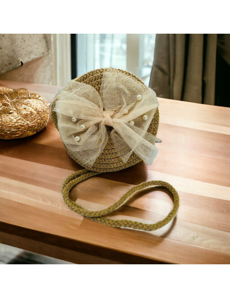 Torebka dziecięca Koszyczek pleciony Kokarda Koszyk dla dziewczynki Beż