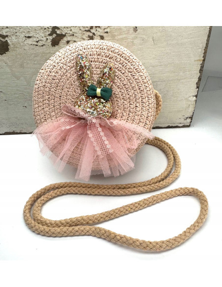Torebka dziecięca Koszyczek pleciony Króliczek Kokardka Pudrowy Róż