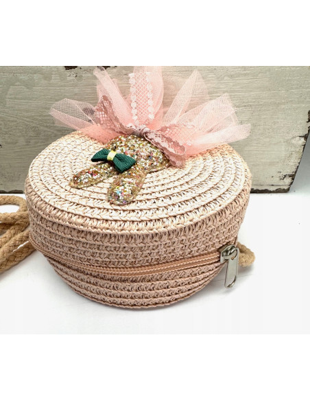 Torebka dziecięca Koszyczek pleciony Króliczek Kokardka Pudrowy Róż