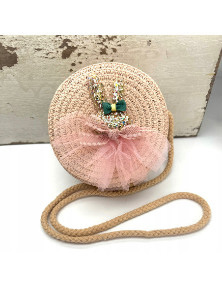 Torebka dziecięca Koszyczek pleciony Króliczek Kokardka Pudrowy Róż