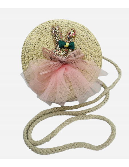 Torebka dziecięca Koszyczek pleciony Króliczek Kokardka Beżowy