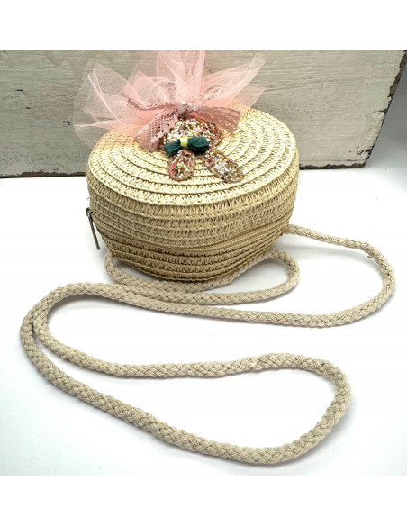 Torebka dziecięca Koszyczek pleciony Króliczek Kokardka Beżowy