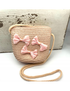 Torebka dziecięca Koszyczek pleciony Kokardki Pudrowy Róż 2