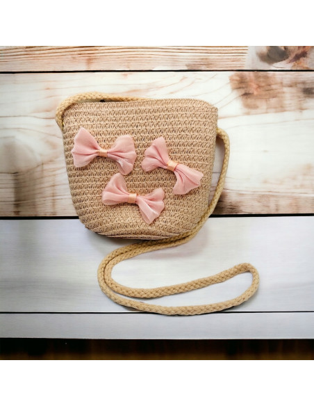 Torebka dziecięca Koszyczek pleciony Kokardki Pudrowy Róż