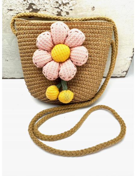 Torebka dziecięca Koszyczek pleciony Kwiatki Kwiat ciemny Beż