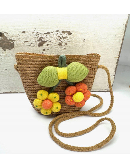 Torebka dziecięca Koszyczek pleciony Kwiatki Kwiat ciemny Beż