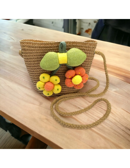 Torebka dziecięca Koszyczek pleciony Kwiatki Kwiat ciemny Beż