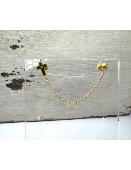 PODWÓJNY Kolczyk ze stali chirurgicznej Krzyż z łańcuszkiem złoty 1 sztuka