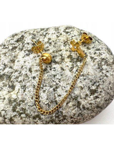 PODWÓJNY Kolczyk ze stali chirurgicznej Krzyż z łańcuszkiem złoty 1 sztuka