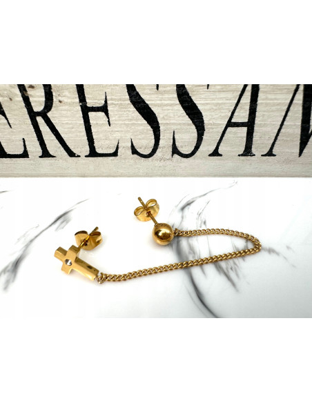 PODWÓJNY Kolczyk ze stali chirurgicznej Krzyż z łańcuszkiem złoty 1 sztuka