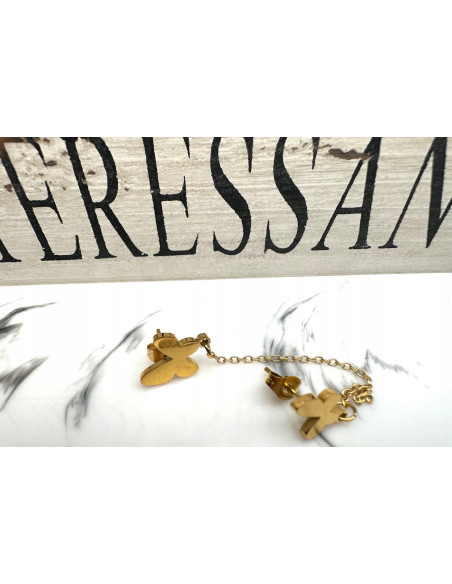 PODWÓJNY Kolczyk ze stali chirurgicznej z łańcuszkiem złoty 1 sztuka