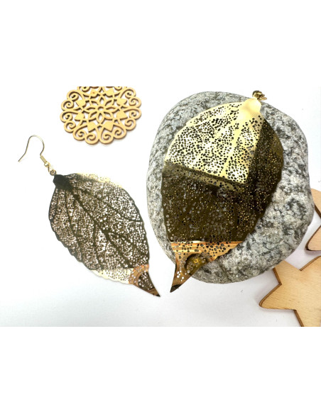 Kolczyki złote Liście XXL stal chirurgiczna nierdzewna Lolita Accessories