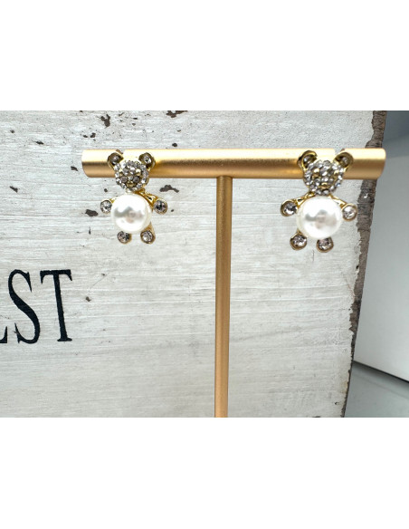 Kolczyki Lolita Accessories Srebrny sztyft "925" Złote Misie z perełkami