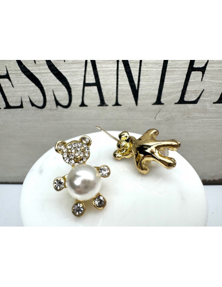 Kolczyki Lolita Accessories Srebrny sztyft "925" Złote Misie z perełkami