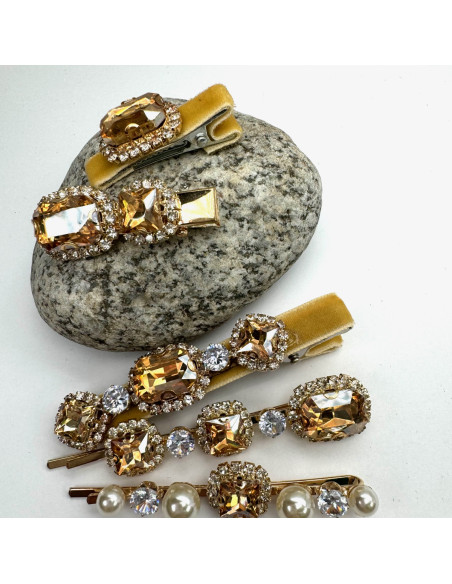 Zestaw 5 sztuk SPINKA z AKSAMITKĄ, WSUWKA z KRYSZTAŁKAMI CYRKONIE ŻÓŁTY