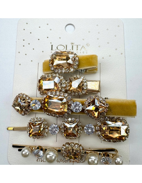 Zestaw 5 sztuk SPINKA z AKSAMITKĄ, WSUWKA z KRYSZTAŁKAMI CYRKONIE ŻÓŁTY