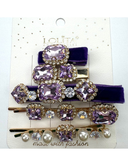 Zestaw 5 sztuk SPINKA z AKSAMITKĄ, WSUWKA z KRYSZTAŁKAMI CYRKONIE FIOLETOWY