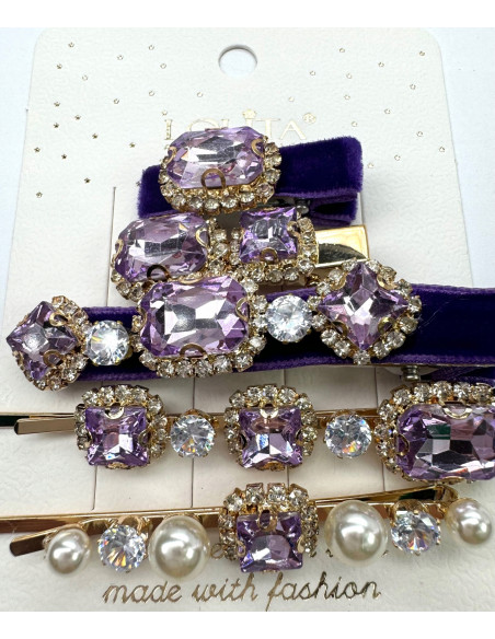 Zestaw 5 sztuk SPINKA z AKSAMITKĄ, WSUWKA z KRYSZTAŁKAMI CYRKONIE FIOLETOWY