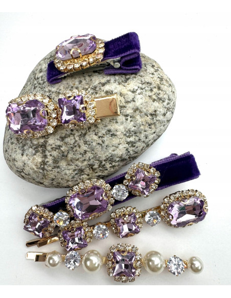 Zestaw 5 sztuk SPINKA z AKSAMITKĄ, WSUWKA z KRYSZTAŁKAMI CYRKONIE FIOLETOWY