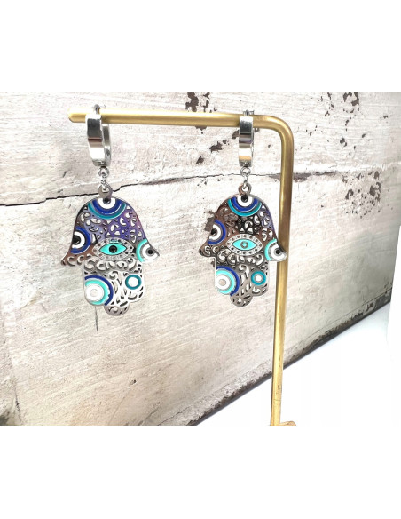 Kolczyki HAMSA ze stali chirurgicznej Lolita Accessories srebrne Judaica