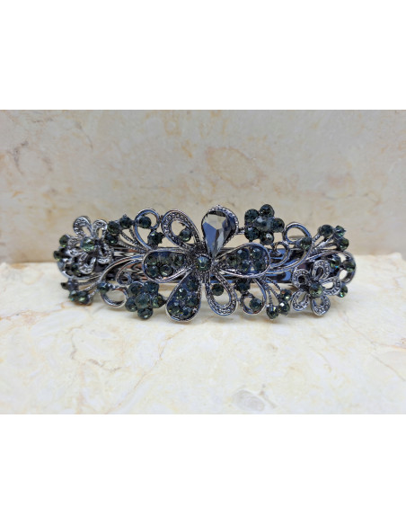 Klamra francuska GRAFITOWE RÓŻNE KWIATKI Z KRYSZTAŁKAMI Lolita Accessories