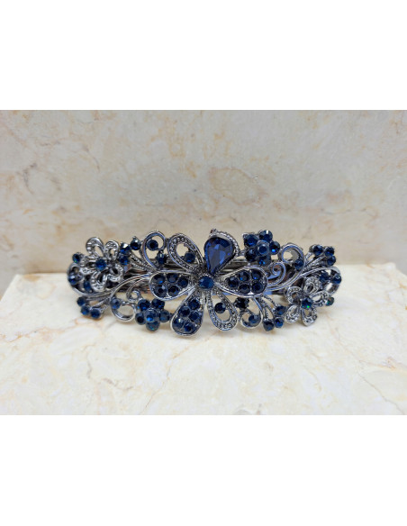 Klamra francuska GRANATOWE RÓŻNE KWIATKI Z KRYSZTAŁKAMI Lolita Accessories