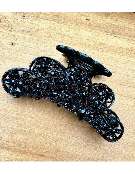 Klamra szczękowa AŻUROWA do włosów CZARNA Lolita Accessories z cyrkoniami