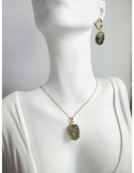 Komplet Naszyjnik z zawieszką STAL CHIRURGICZNA KOLCZYKI KHAKI ELIPSY