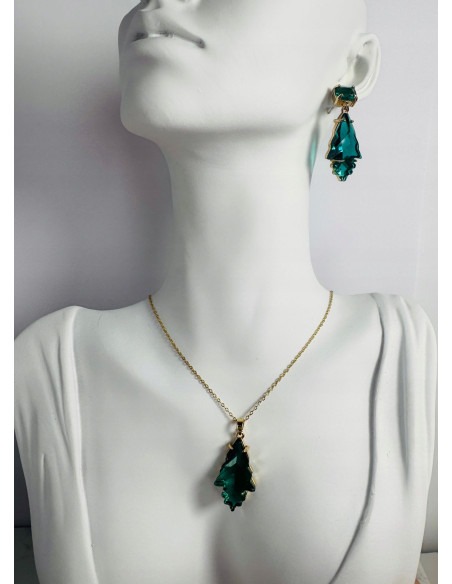 Komplet Naszyjnik z zawieszką STAL CHIRURGICZNA KOLCZYKI ZIELONE LISTKI