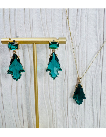 Komplet Naszyjnik z zawieszką STAL CHIRURGICZNA KOLCZYKI ZIELONE LISTKI