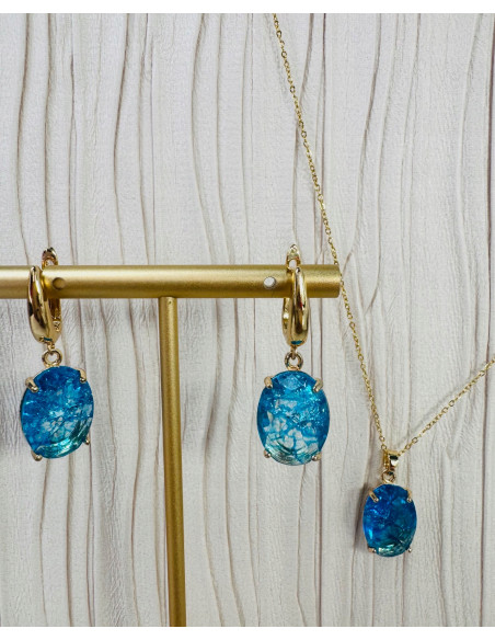 Komplet Naszyjnik z zawieszką STAL CHIRURGICZNA KOLCZYKI BŁĘKITNE ELIPSY