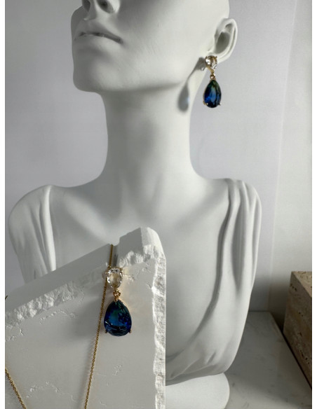 Komplet Naszyjnik z zawieszką STAL CHIRURGICZNA KOLCZYKI BŁĘKITNE ŁEZKI