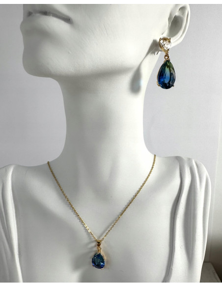 Komplet Naszyjnik z zawieszką STAL CHIRURGICZNA KOLCZYKI BŁĘKITNE ŁEZKI