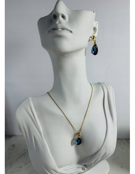 Komplet Naszyjnik z zawieszką STAL CHIRURGICZNA KOLCZYKI BŁĘKITNE ŁEZKI