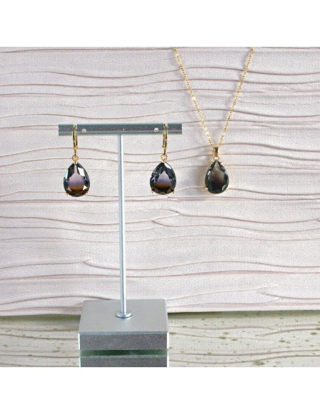 Komplet Naszyjnik z zawieszką STAL CHIRURGICZNA KOLCZYKI GRAFITOWE ŁEZKI