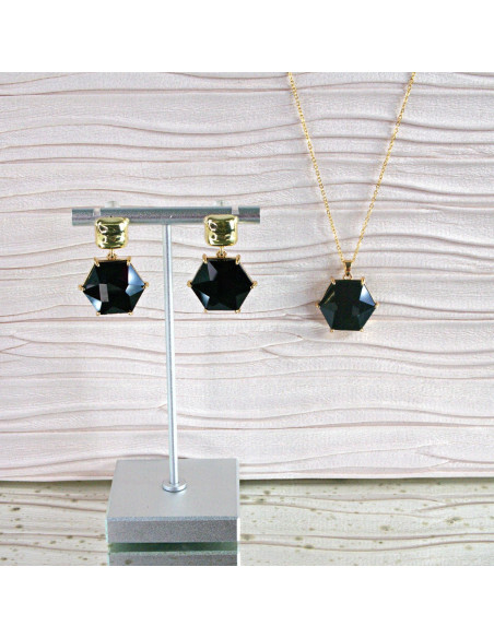 Komplet Naszyjnik z zawieszką STAL CHIRURGICZNA KOLCZYKI CZARNY HEXAGON