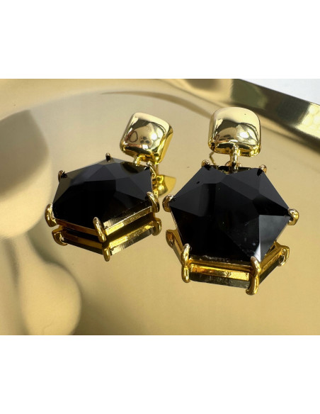 Komplet Naszyjnik z zawieszką STAL CHIRURGICZNA KOLCZYKI CZARNY HEXAGON