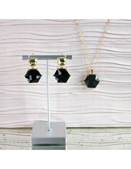 Komplet Naszyjnik z zawieszką STAL CHIRURGICZNA KOLCZYKI CZARNY HEXAGON