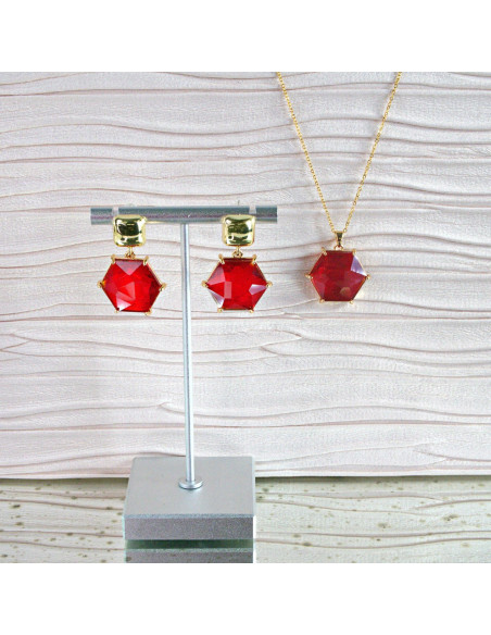 Komplet Naszyjnik z zawieszką STAL CHIRURGICZNA KOLCZYKI CZERWONY HEXAGON