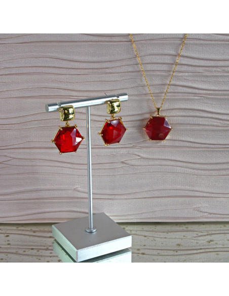 Komplet Naszyjnik z zawieszką STAL CHIRURGICZNA KOLCZYKI CZERWONY HEXAGON