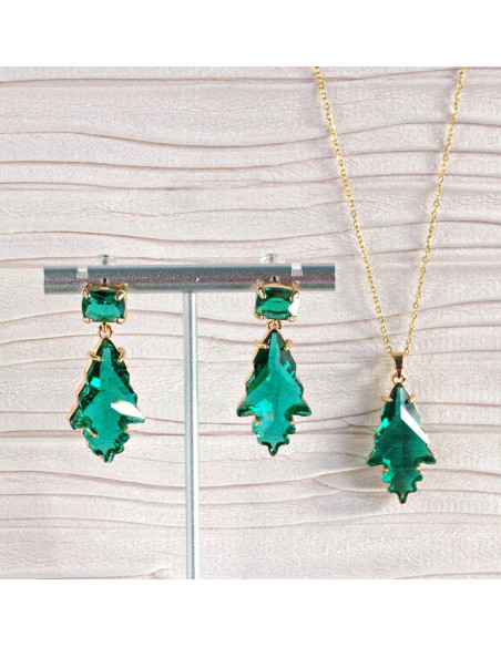 Komplet Naszyjnik z zawieszką STAL CHIRURGICZNA KOLCZYKI ZIELONY EMERALD