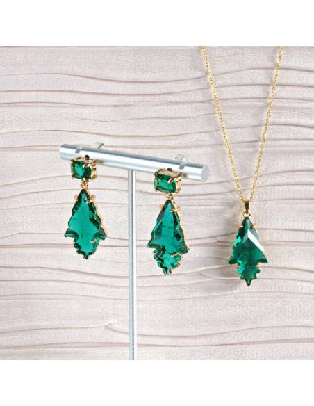 Komplet Naszyjnik z zawieszką STAL CHIRURGICZNA KOLCZYKI ZIELONY EMERALD