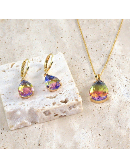 Komplet Naszyjnik z zawieszką STAL CHIRURGICZNA KOLCZYKI TĘCZOWE ŁEZKI