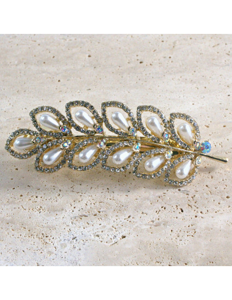 Klamra francuska  liść z cyrkonia i perłami Lolita akcesoria