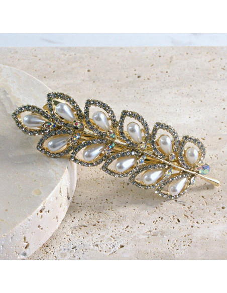 Klamra francuska  liść z cyrkonia i perłami Lolita akcesoria