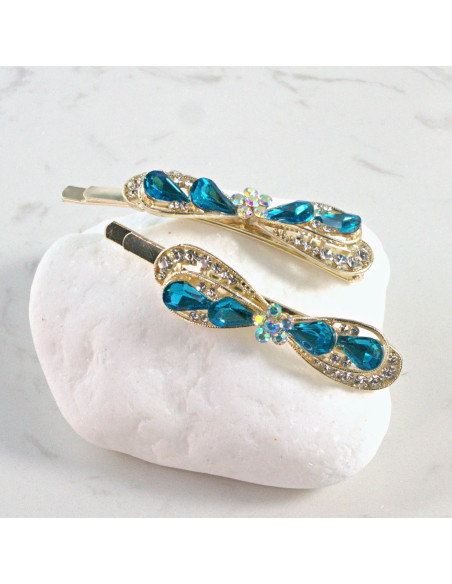 Wsuwka do włosów kokarda z kwiatkiem NIEBIESKI 2 szt. Lolita Akcesoria