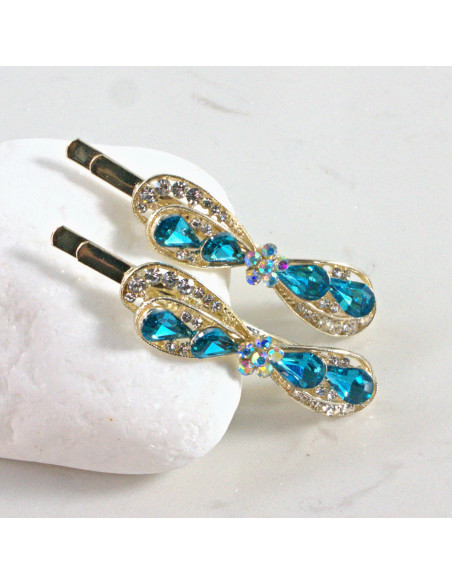 Wsuwka do włosów kokarda z kwiatkiem NIEBIESKI 2 szt. Lolita Akcesoria