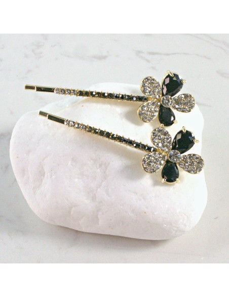 Wsuwka do włosów kwiatek 2 kryształki CZARNY 2 szt. Lolita Akcesoria