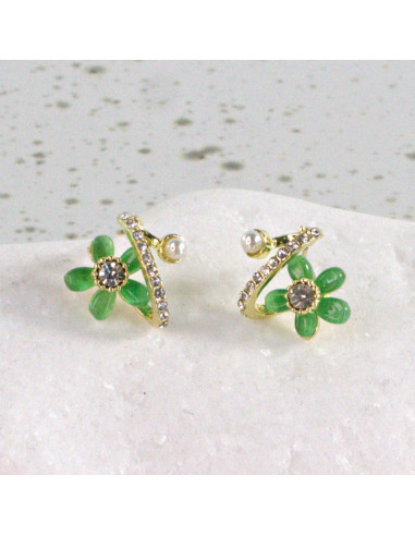 Kolczyki Dwustronne zielone Kwiatki srebrny...