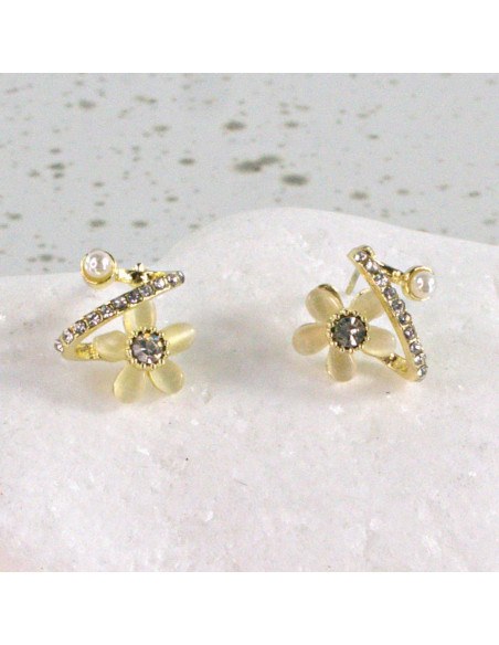 Kolczyki Dwustronne  Kwiatki ECRU srebrny sztyft 925